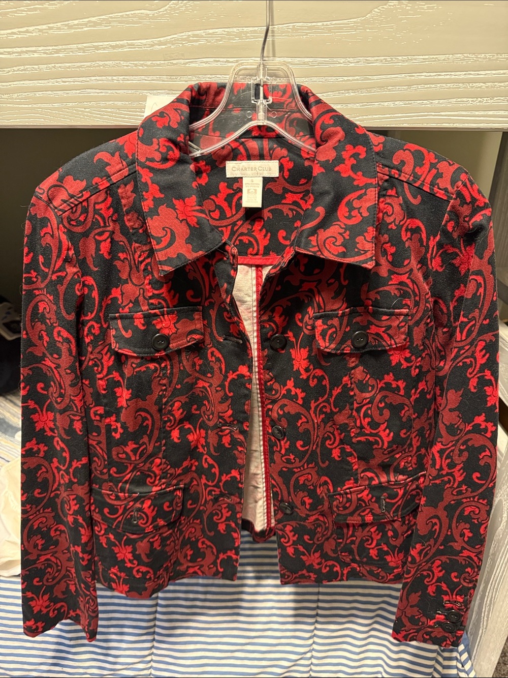 Charter Club Black and Red Floral Jacquard Jean Jacket